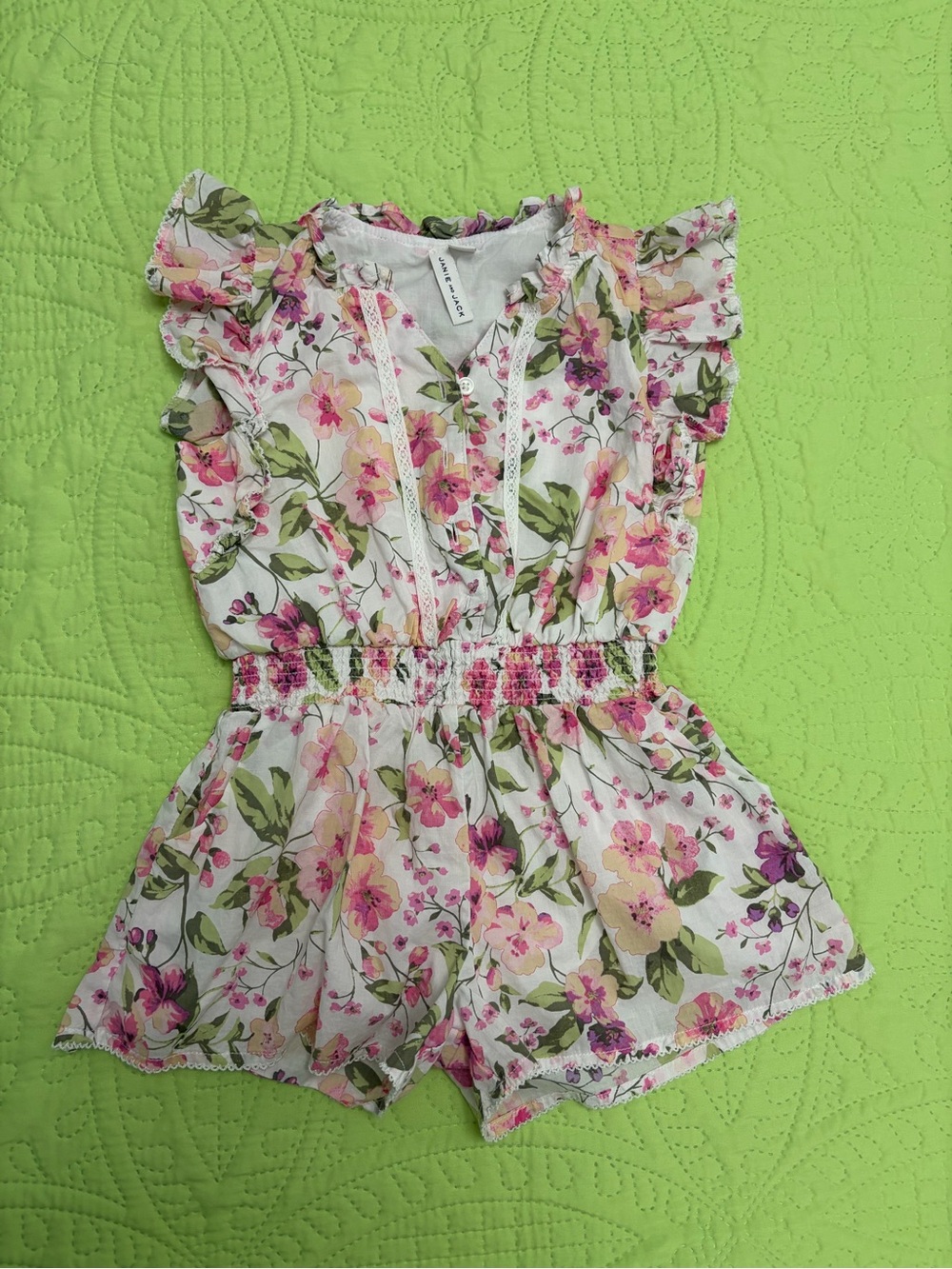 Janie and Jack White Floral Romper with Pink & Green Accents